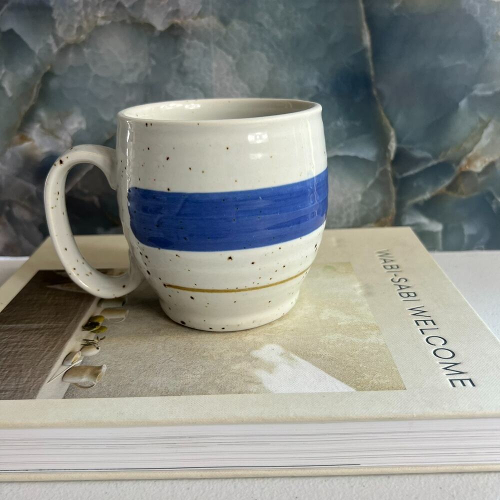 Art Studio Pottery Mug 4" Ivory Speckled With Thick Blue Stripe